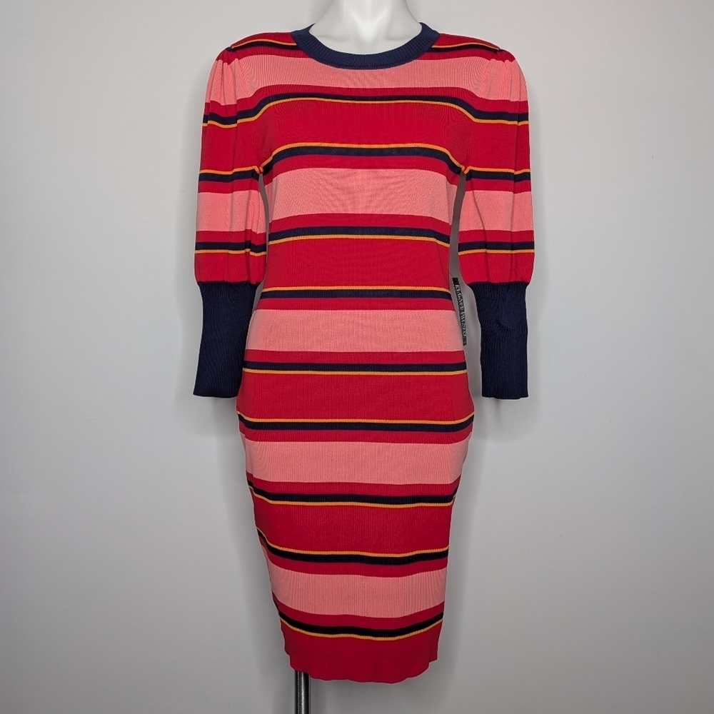 NWT NY&Co Red Pink Striped 1/2 Puff Sleeve Knee Length Sweater Dress M